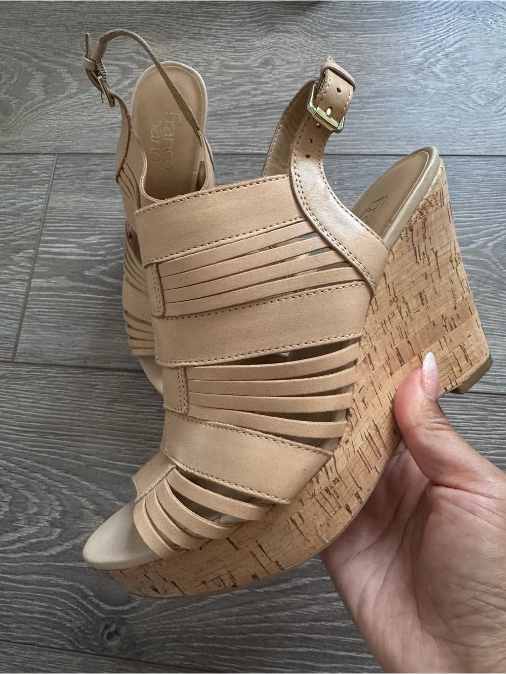 Franco Sarto Sharp tan leather cork wedge slingback sandals